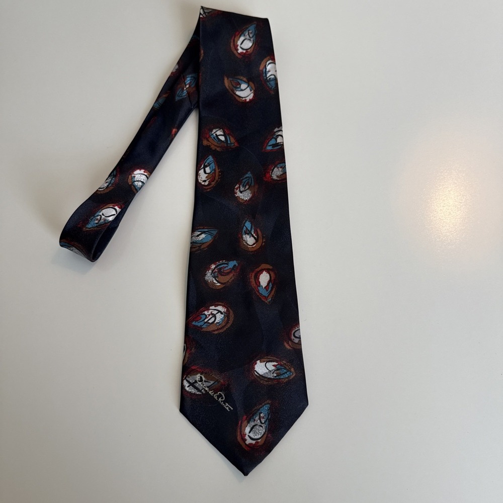 Oscar Dela Renta Studio Vintage Tie Abstract Droplet Navy, Brown, Teal, Red 0066